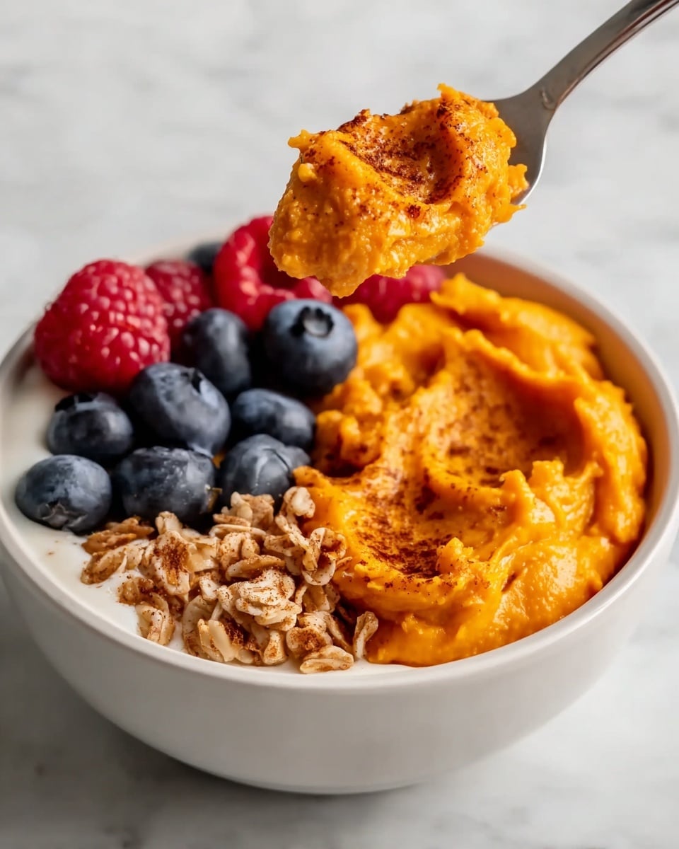 A white bowl filled with several layers: the bottom layer is smooth white yogurt, topped with a thick, bright orange sweet potato mash sprinkled with dark brown spice. Nestled beside the mash is a cluster of fresh blueberries and a few red raspberries, alongside a small pile of light brown granola. Near the top, a spoon holds a scoop of the orange mash above the bowl, showcasing its creamy texture. The scene is set on a white marbled surface. photo taken with an iphone --ar 4:5 --v 7