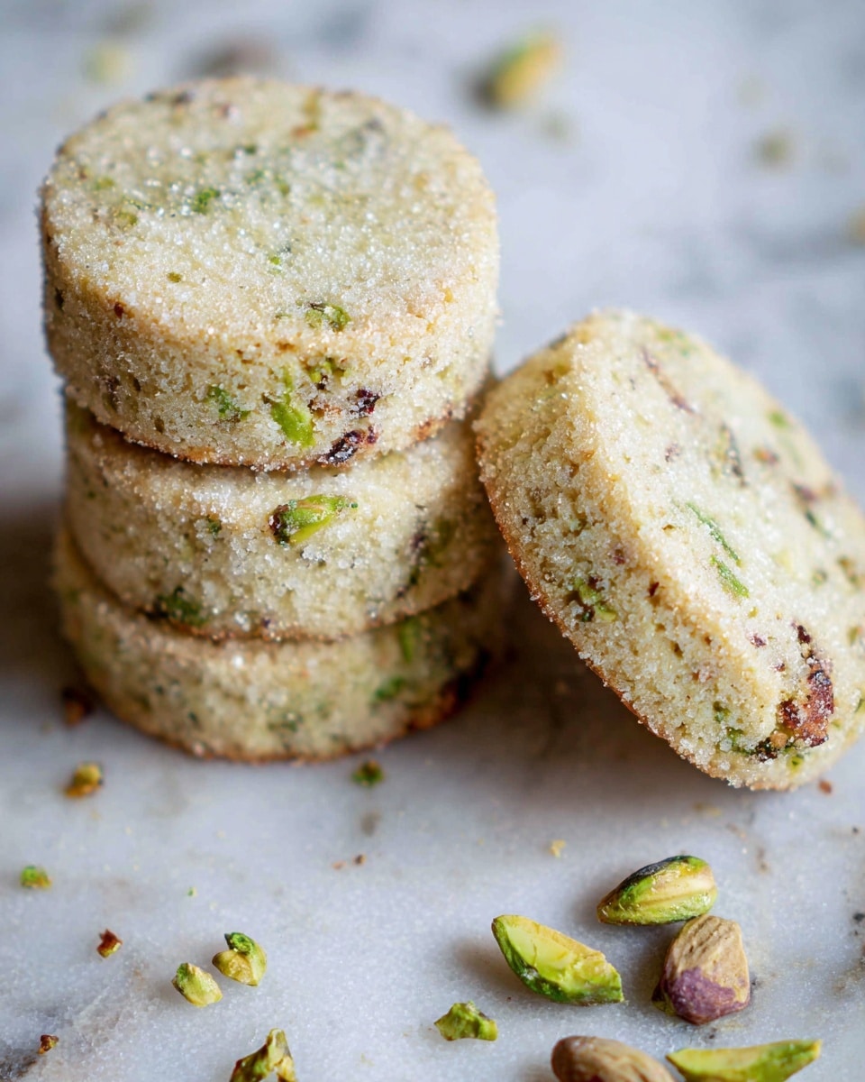 The image shows a close-up of four round pistachio cookies stacked unevenly on a white marbled surface, with one cookie tilted to reveal its sugar-crystal coated top layer that is a light golden brown; the other cookies have a pale beige color with small green and brown nut pieces visible throughout their crumbly texture, and a few loose pistachio nut halves are scattered nearby, adding a natural touch. Photo taken with an iphone --ar 4:5 --v 7