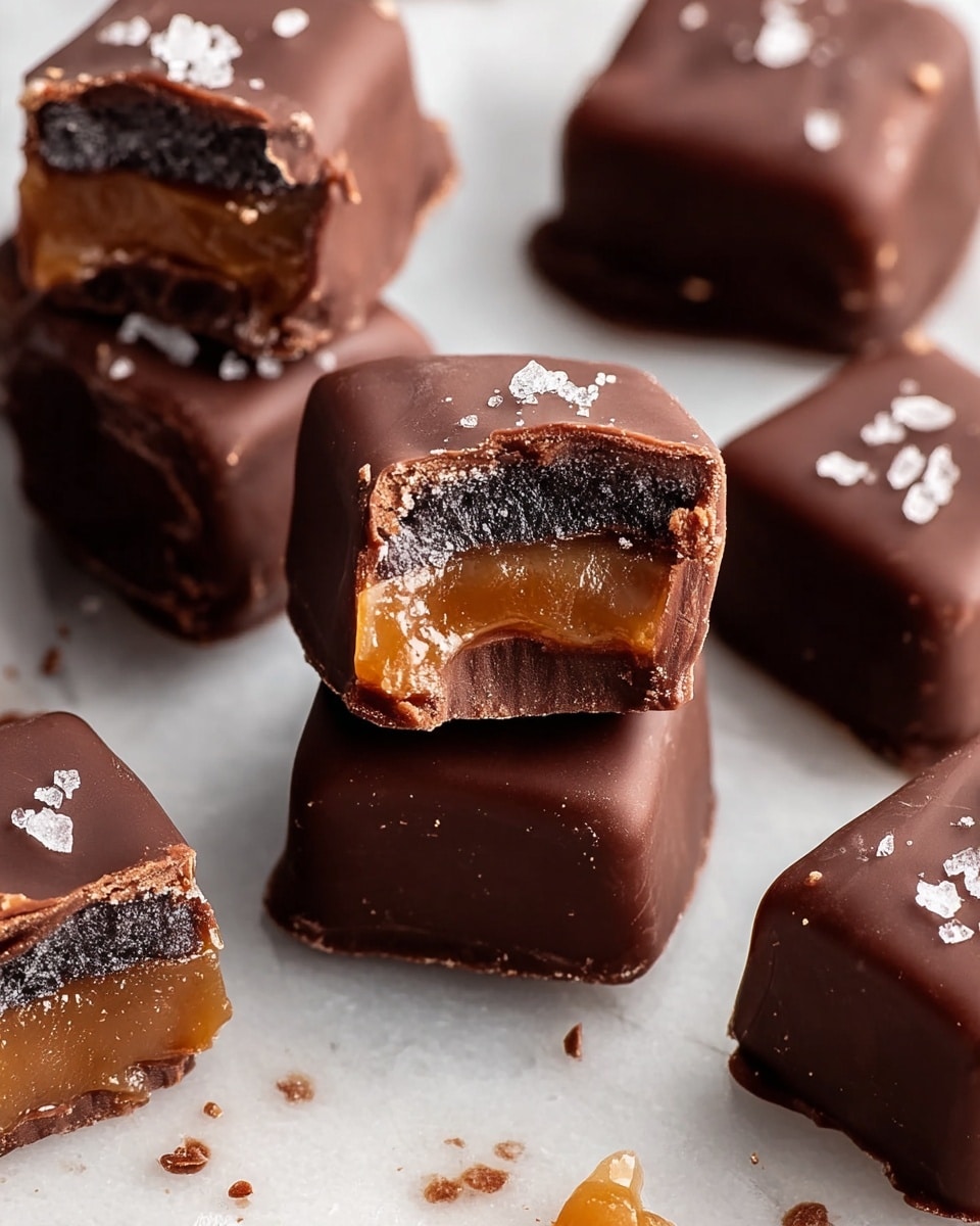 The image shows several small square chocolates with a smooth dark brown outer layer. One piece is broken in half, revealing two inner layers: a light brown soft caramel layer on top and a darker, almost black dense chocolate fudge layer at the bottom. The caramel layer has a slightly shiny, sticky texture while the fudge layer looks moist and rich. Some pieces have a few small flakes of sea salt sprinkled on top, adding a touch of white contrast. The chocolates are placed on a white marbled surface with tiny crumbs scattered around. Photo taken with an iphone --ar 4:5 --v 7