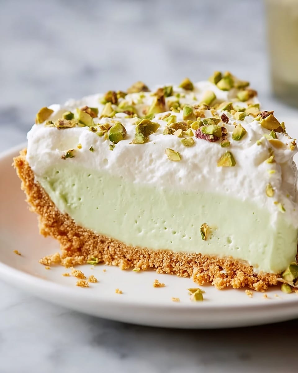 A close-up of a creamy pie with three layers on a white plate placed on a white marbled surface; the bottom layer is a thick, crumbly golden-brown crust, the middle layer is a smooth pale green filling, and the top layer is fluffy white whipped cream dotted with chopped green pistachio pieces scattered evenly. photo taken with an iphone --ar 4:5 --v 7