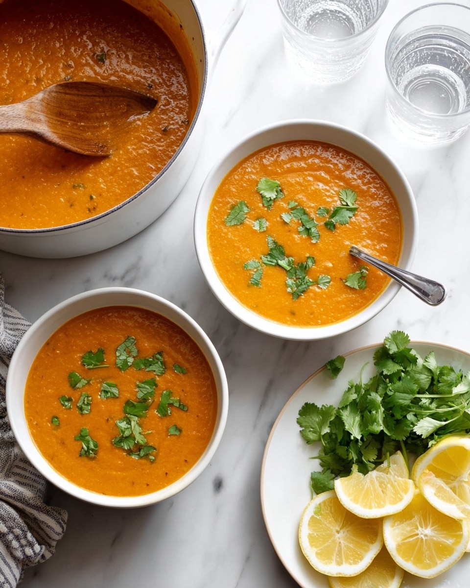 The image shows two white bowls filled with thick orange soup, garnished with fresh green cilantro leaves floating on the surface. Next to them is a white pot containing more of the soup, with a wooden spoon resting inside, partially covered in soup. To the right, there is a white plate with several lemon wedges and extra cilantro leaves, placed on a white marbled surface. Two clear glasses of water are visible, slightly out of focus, adding to the fresh and simple setting. Photo taken with an iphone --ar 4:5 --v 7