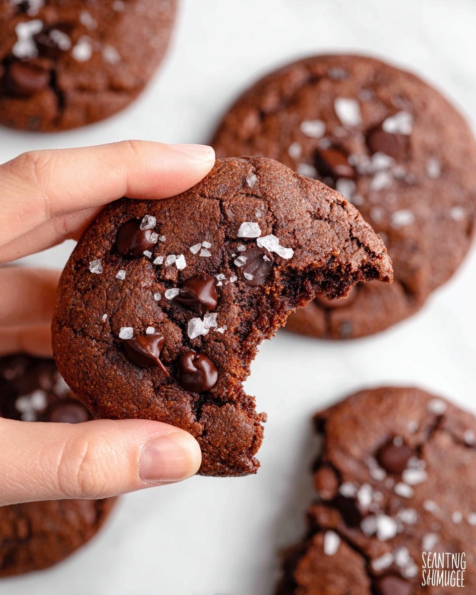 A close-up image showing a woman's hand holding a broken piece of a round dark brown chocolate cookie with visible chocolate chips embedded on the surface and sprinkled with white sea salt flakes. The cookie has a soft and slightly crumbly texture inside, with more chocolate chips peeking out. Around the held cookie, there are additional whole and broken cookies placed on a white marbled surface, all showing the same dark brown color, chocolate chips, and sea salt flakes on top. photo taken with an iphone --ar 4:5 --v 7
