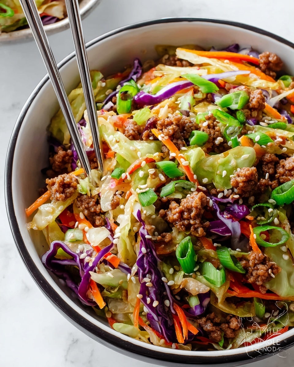 A white bowl with a black rim holds a colorful stir-fry dish. The bottom layer is made of shredded light green and purple cabbage with a soft, crispy texture. Thin orange carrot strips are scattered across the cabbage. On top, small brown chunks of cooked ground meat add a crumbly texture. Bright green slices of fresh green onions are sprinkled all over, along with white sesame seeds that add small dots across the dish. A pair of shiny silver chopsticks is picking up some of the mixed vegetables and meat from the bowl. The bowl is placed on a white marbled surface. photo taken with an iphone --ar 4:5 --v 7
