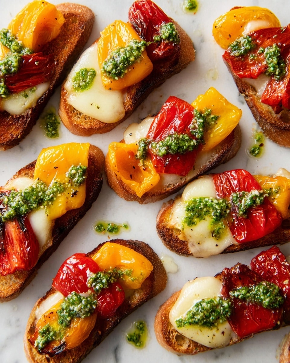 The image shows a group of small toasted bread slices each topped with a layer of white melted cheese and a roasted pepper, alternating between bright red and orange-yellow colors. Each piece is drizzled with a chunky green pesto sauce, with some pesto spilling onto the white marbled surface underneath. The toasted bread has a golden brown, slightly crispy texture, and the cheese beneath the peppers is soft and melted, slightly oozing out at the edges. The peppers have a shiny, roasted skin with gentle wrinkles and charred spots, adding a mix of vibrant colors and textures across the arrangement. photo taken with an iphone --ar 4:5 --v 7