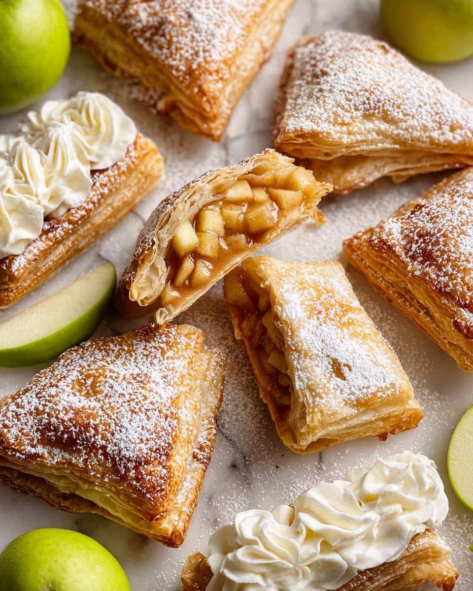 The image shows several triangular-shaped apple turnovers with a golden-brown, flaky pastry crust dusted with powdered sugar. One turnover is cut open at the front, revealing a soft filling of small, diced apple pieces cooked in a cinnamon-spiced syrup. Another turnover in the background is partially open to show a creamy white filling, piped in a swirled pattern. Surrounding the pastries are fresh slices of green apple, all set on a white marbled textured surface. The lighting highlights the texture of the flaky crust and the moistness of the filling, creating a warm and inviting feel. photo taken with an iphone --ar 4:5 --v 7