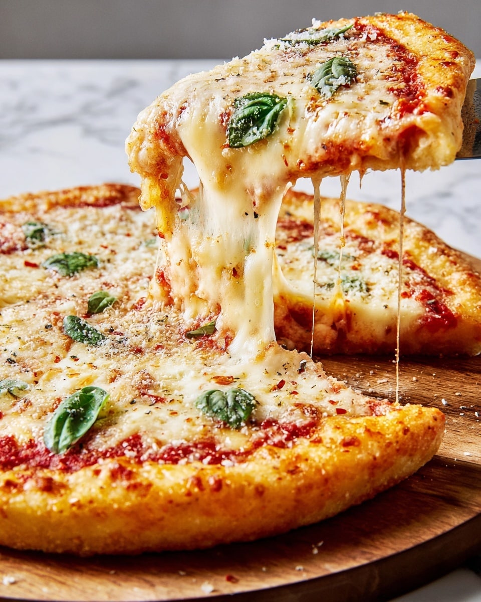 A close-up of a cheese pizza with a thick golden brown crust on a wooden board set on a white marbled surface. The pizza has three main layers visible: a slightly crispy crust that is golden and textured at the bottom, a smooth red tomato sauce layer visible under the cheese, and a thick, melted, stretchy layer of creamy white cheese on top with some browned spots. The cheese is sprinkled with red chili flakes and grated white cheese, and fresh green basil leaves are scattered across the pizza. A slice is being lifted with a shiny metal spatula, showing long cheese pulls stretching between the slice and the rest of the pizza. photo taken with an iphone --ar 4:5 --v 7