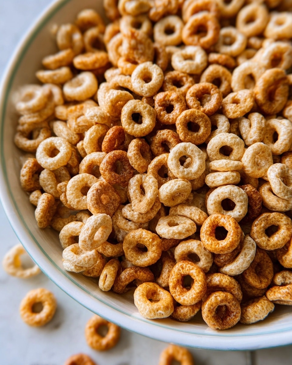 A close-up of a large white bowl filled with toasted O-shaped cereal that varies in color from light golden to a deeper toasted brown, showing a mix of smooth and slightly rough textures on each piece with some cereal spilling out onto a white marbled surface. photo taken with an iphone --ar 4:5 --v 7