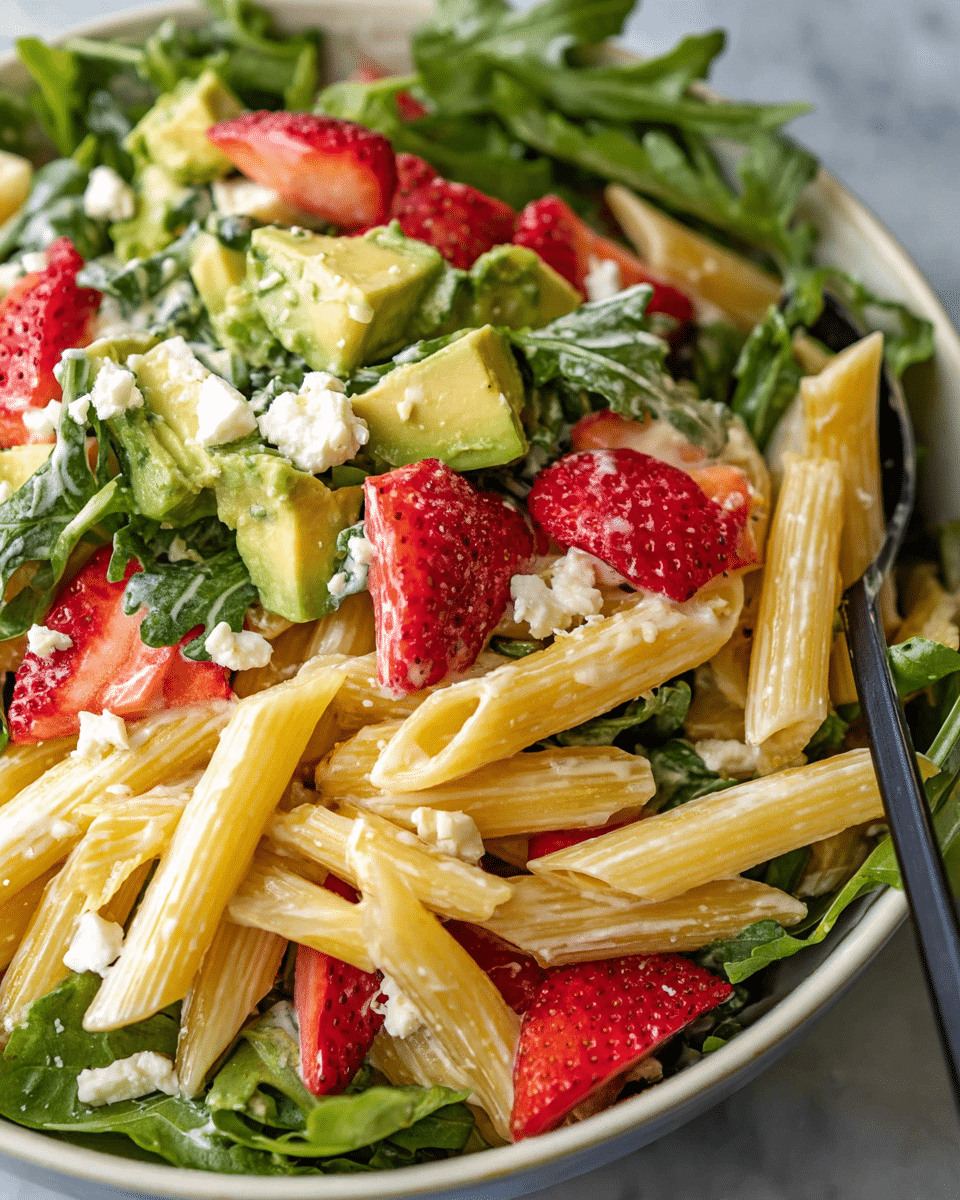 A close-up view of a pasta salad served in a white bowl, showing three main layers: the bottom layer of penne pasta in pale yellow with a smooth texture, the middle layer of chunky green avocado pieces and bright red strawberry slices, and the top layer of fresh dark green arugula leaves mixed with small white crumbles of cheese, all lightly coated with a creamy dressing. The bowl sits on a white marbled surface, and a black serving spoon is partially visible inside the bowl. photo taken with an iphone --ar 4:5 --v 7