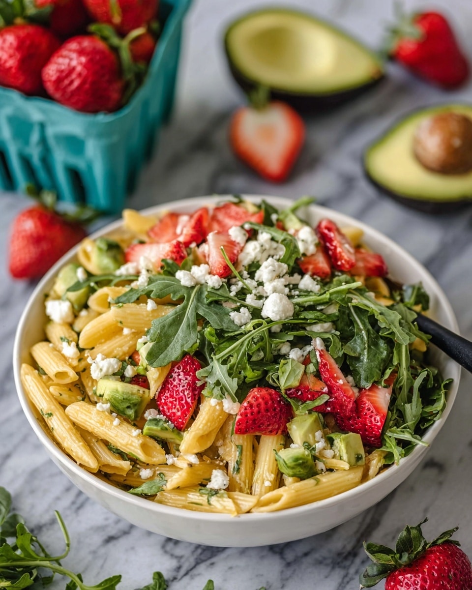 A bowl filled with a colorful pasta salad sits on a white marbled surface. The salad has three main layers: the bottom layer is light yellow penne pasta, the middle layer includes bright red sliced strawberries and small green avocado chunks, and the top layer is garnished with dark green leafy arugula and crumbled white cheese. The bowl is white, and a black spoon sticks out from the salad. Around the bowl, there are fresh strawberries, a sliced avocado, and a white basket holding more strawberries, all on the white marbled background. photo taken with an iphone --ar 4:5 --v 7