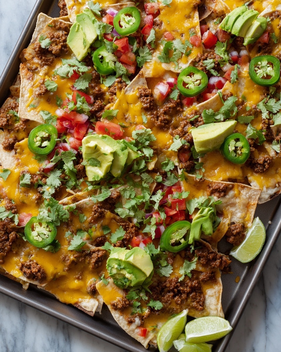 A large tray filled with layers of crispy white corn tortilla chips topped with melted yellow and orange cheddar cheese and browned seasoned ground meat scattered unevenly across the chips. Fresh, bright green slices of jalapeño peppers and chunks of light green avocado are spread on top, with small bits of red diced tomatoes and white onions adding pops of color. Fresh green cilantro leaves are sprinkled over everything, with some thick wedges of lime resting on the edges of the tray. The tray is placed on a white marbled surface. Photo taken with an iphone --ar 4:5 --v 7