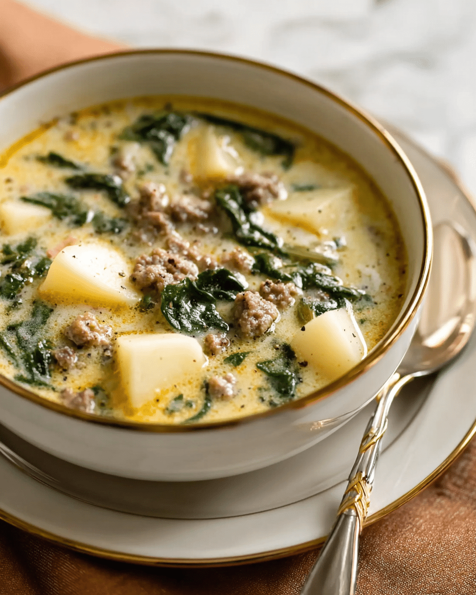 A close-up of a bowl of creamy soup filled with chunks of white potato, cooked ground meat, and dark green leafy spinach floating in a thick, light yellow broth with a slightly oily surface. The bowl is white with a thin gold trim and sits on a white plate with a silver spoon resting beside it. The background shows a blurred warm skin tone with a woman's hand and gold bracelets. The whole scene is set on a white marbled surface. photo taken with an iphone --ar 4:5 --v 7