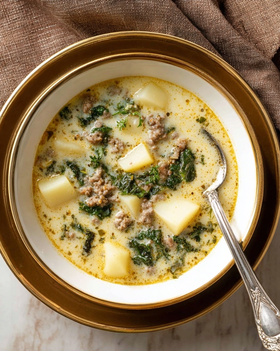 A bowl of creamy soup with a pale yellow broth filled with small chunks of light yellow potatoes, green leafy vegetables, and bits of browned ground meat spread evenly throughout. The bowl is white with a thin gold rim and sits inside a deeper white bowl with a shiny brown inner surface. A silver spoon with a detailed handle rests on the side, partially inside the bowl. The setting is on a white marbled surface, and a brown cloth napkin is placed in the top right corner. photo taken with an iphone --ar 4:5 --v 7