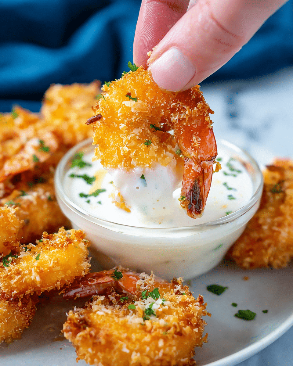 A close-up of a crispy golden brown breaded shrimp dipped halfway into a creamy white sauce with small green herb pieces. The shrimp has a rough texture with bits of coconut flakes and tiny sprinkles of green parsley on top. The shrimp is held by a woman's hand between thumb and forefinger. In the background, more breaded shrimp with the same crispy texture and garnishes are arranged on a white plate, all set on a white marbled surface with a blue cloth nearby. photo taken with an iphone --ar 4:5 --v 7