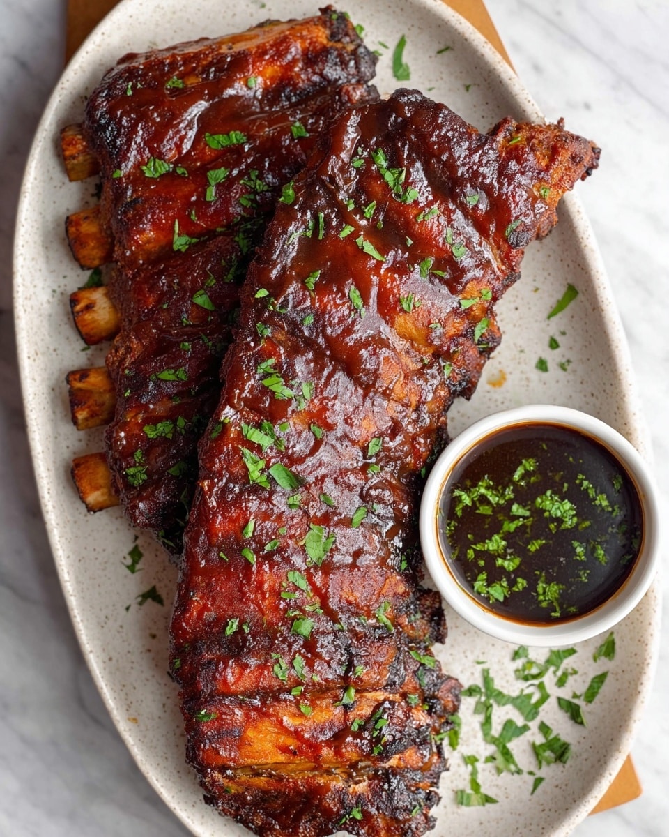 Two large racks of ribs coated in thick, shiny dark brown barbecue sauce rest on an oval white speckled plate. The ribs have a rich caramelized texture with visible grill marks and are sprinkled with small pieces of green herbs. To the right side of the plate is a small white bowl filled with a dark dipping sauce, also garnished with green herbs. The plate is placed on a white marbled surface. photo taken with an iphone --ar 4:5 --v 7