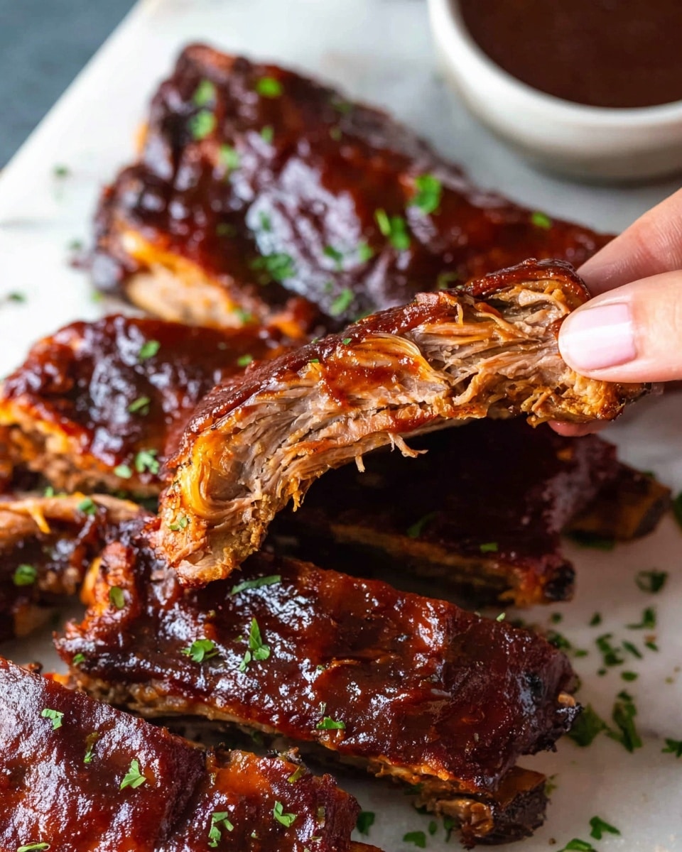 The image shows a close-up of several ribs covered in thick, shiny dark brown barbecue sauce with a glossy texture. One rib is held by a woman's hand, showing the inside of the meat which is tender, reddish-brown, and slightly shredded with visible layers and some charred edges, while the other ribs lay on a white marbled surface, sprinkled with some green herbs. In the background, there is a small white bowl filled with extra dark brown barbecue sauce. photo taken with an iphone --ar 4:5 --v 7