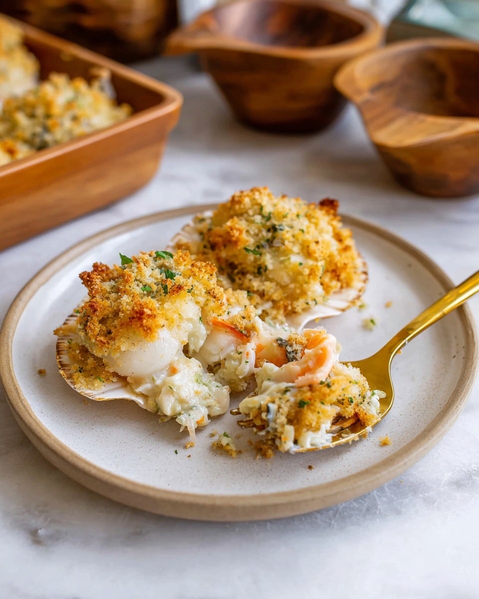 The image shows a round white plate holding three golden-brown baked scallops with a crumbly topping. The scallops have a layered texture with a crispy top layer that is light golden and slightly browned, mixed with tiny green herb pieces. The inside layers are creamy white with visible bits of pink-orange seafood, creating a soft and rich look. A gold fork rests on the plate holding a scoop of the scallop, showing the creamy inside and revealing a mix of sauce, seafood, and crunchy crumbs. The background is a white marbled texture with wooden bowls in soft focus. photo taken with an iphone --ar 4:5 --v 7