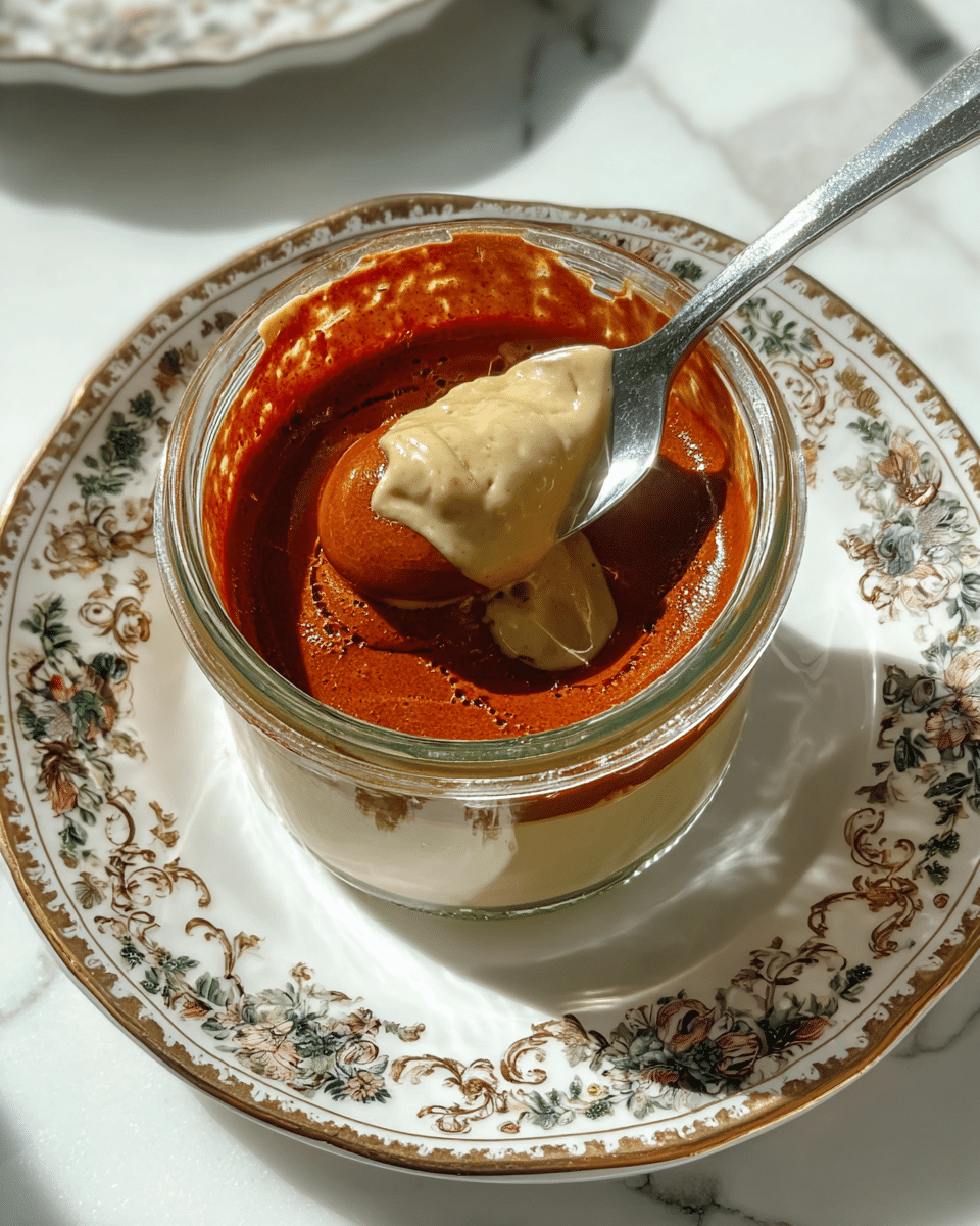 The image shows a glass jar filled with a dessert that has two clear layers: a shiny, caramel-brown, cracked top layer that looks like a caramel shell, and a smooth, creamy light beige layer underneath. A silver spoon is inside the jar, scooping some of the creamy layer. The jar is placed on a white plate decorated with a detailed floral and gold pattern around the edge. The background is a white marbled texture with bright natural light casting soft shadows. photo taken with an iphone --ar 4:5 --v 7