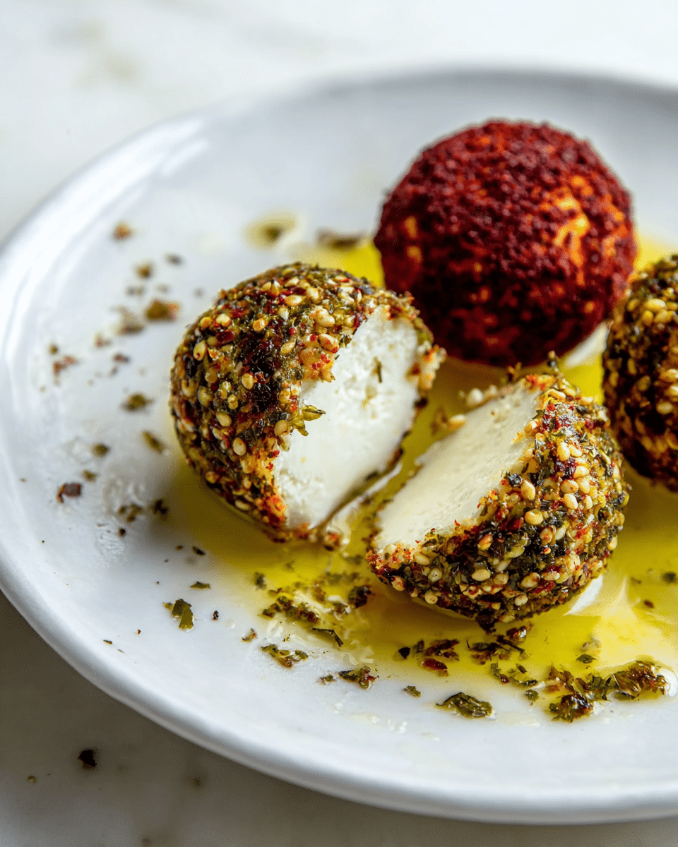 The image shows three round cheese balls on a white plate with olive oil. Two cheese balls are covered in a mix of green herbs and small seeds, and one is cut in half revealing a soft white inside. The third cheese ball is coated in a deep red spice mix. The cheese balls sit in a shallow pool of golden olive oil with some herbs sprinkled on top. The plate rests on a white marbled surface. photo taken with an iphone --ar 4:5 --v 7