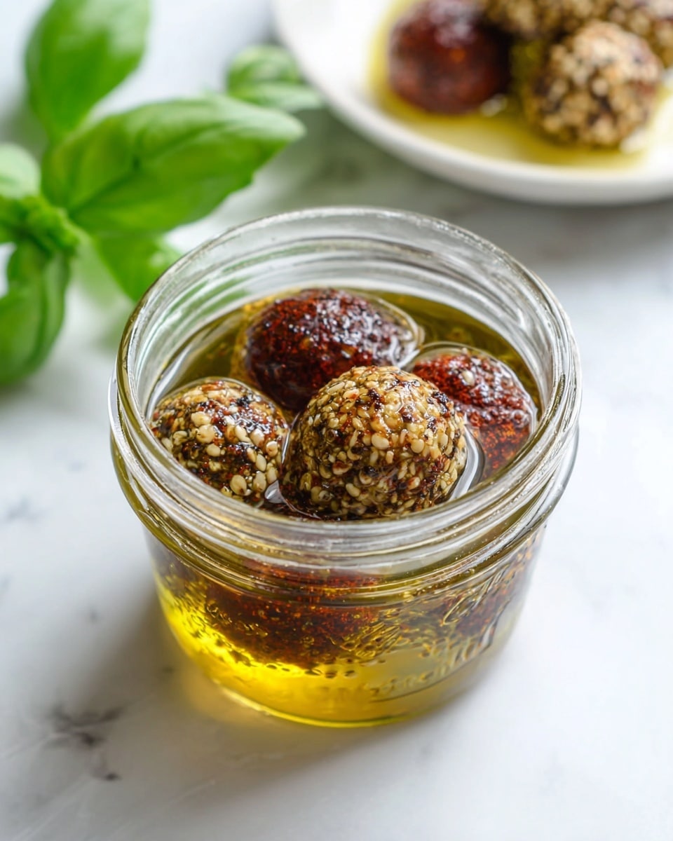 A clear glass jar is filled with a layer of golden yellow olive oil which lets you see several round balls immersed inside it. The balls appear textured with a mix of spices and seeds: some are dark red with a rough surface, while others are covered in a mix of light and dark brown seeds. In the background, there is a white plate with additional balls resting on a light sauce, all placed on a white marbled surface with a green basil plant nearby. The overall look is fresh and vibrant with a focus on the glossy oil and the textured spice balls. photo taken with an iphone --ar 4:5 --v 7