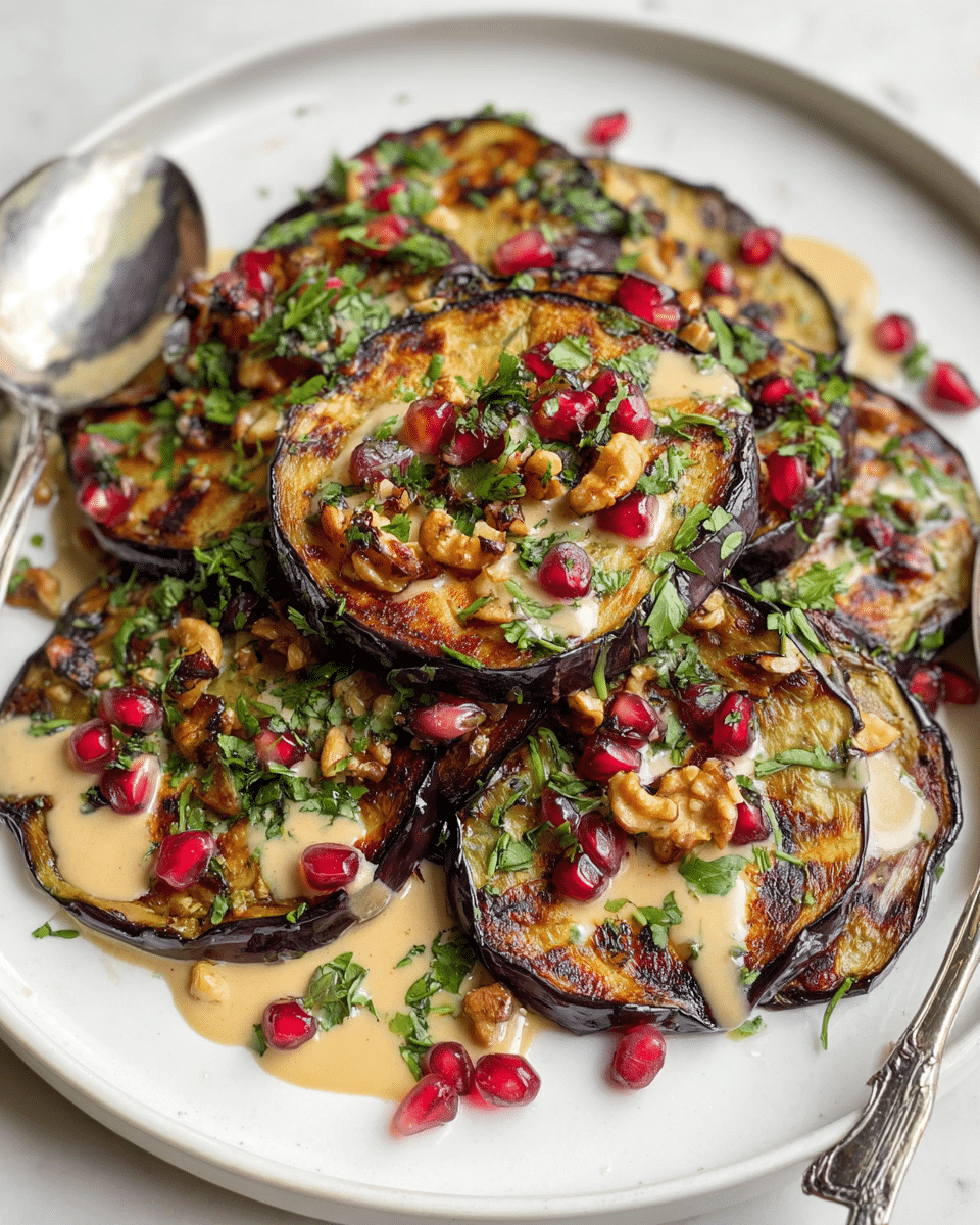 This dish features several thick, round slices of grilled eggplant with dark purple edges and a golden, charred surface. The eggplant slices are stacked in a slightly overlapping way on a white plate resting on a white marbled surface. A creamy tan sauce is drizzled lightly over the top, pooling a bit around the eggplant. Bright red pomegranate seeds and small yellowish walnut pieces are scattered generously over the dish. Fresh green chopped herbs, likely parsley and chives, are sprinkled across for a pop of color. A silver fork and spoon rest on the left side of the plate. photo taken with an iphone --ar 4:5 --v 7