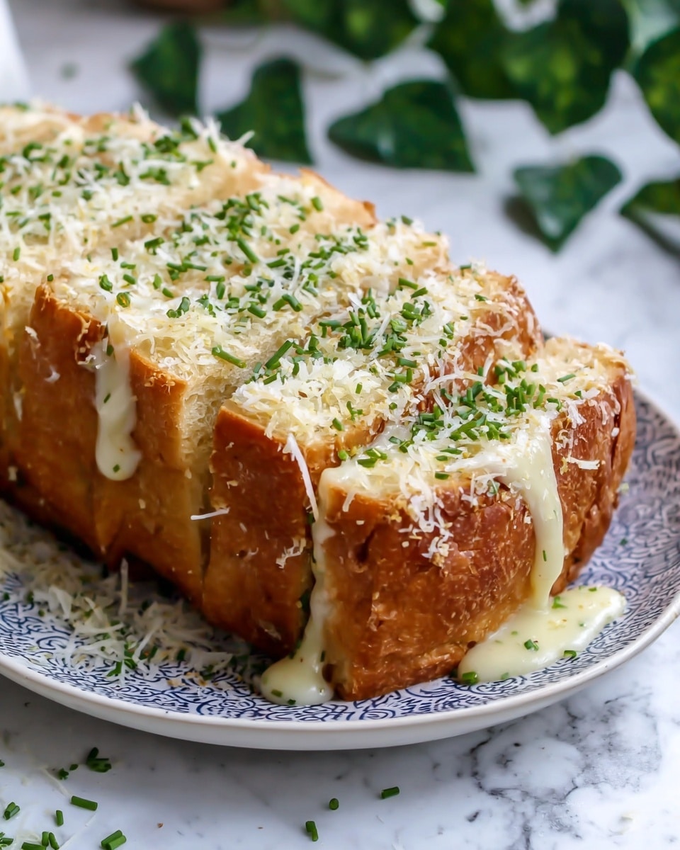 A golden-brown baked bread with a crispy top layer covered in finely grated white cheese and green herbs, with the inside showing many strings of melted cheese stretching as a piece is pulled apart. The bread looks soft and fluffy with a light yellow color inside and a slightly darker crust at the bottom. It is placed on a white plate with blue floral patterns, set on a white marbled surface. A woman's hand with a simple gold ring is pulling a piece of the bread, creating a visually rich and textured scene with natural light highlighting the cheese and bread. Photo taken with an iphone --ar 4:5 --v 7