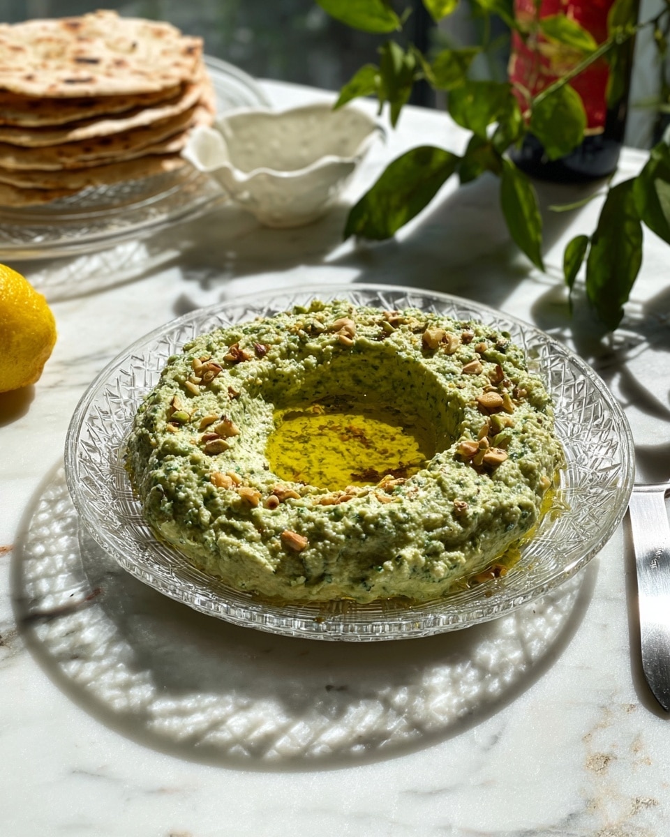 A round plate holds a greenish dip with a rough, chunky texture, shaped into a thick ring with a hollow center filled with golden olive oil and sprinkled with small pieces of nuts or spices. The dip has a light green color with darker green flecks throughout, and the plate is clear glass with a pattern that catches the light, casting shadows on the white marbled surface below. In the background, on the left side, there are pieces of flatbread stacked on a clear glass dish, and behind them, a yellow lemon in a small white dish. On the right side, behind the dip, green leaves from a plant and a dark green bottle with a red and white label are visible, along with a silver knife with a white handle placed near the plate. photo taken with an iphone --ar 4:5 --v 7