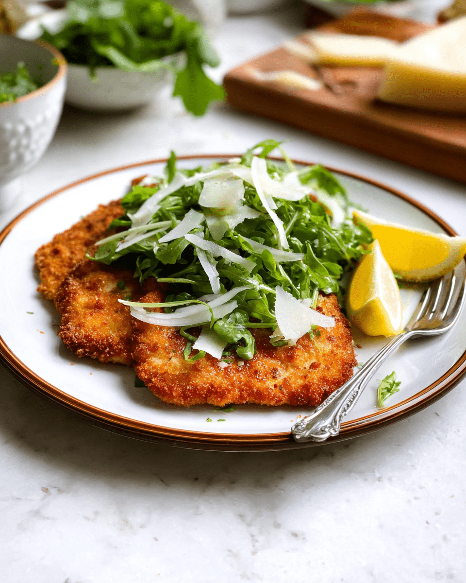 The dish features two golden-brown breaded cutlets placed on a white plate with a brown rim, forming the base layer. On top of the cutlets is a fresh green salad made of arugula and thinly sliced white vegetables, possibly fennel, with light shavings of white cheese scattered over it. To the side of the cutlets are two lemon wedges, adding a bright yellow accent. A silver fork rests on the right edge of the plate, set against a white marbled texture surface in the background with some blurred elements including a bowl of green leaves and a wooden cheese board with cheese. photo taken with an iphone --ar 4:5 --v 7