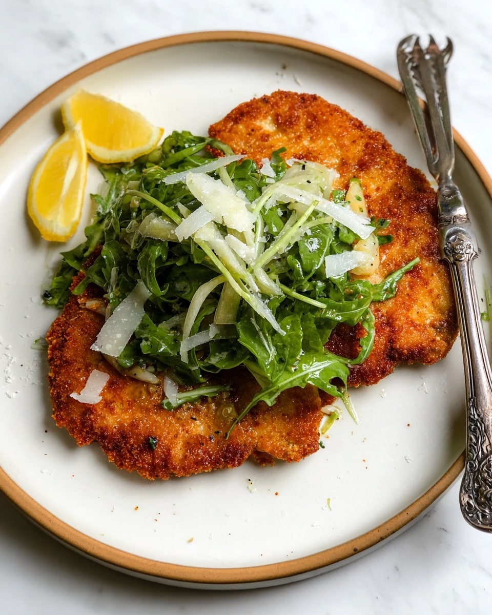 The image shows a dish with two large, golden-brown breaded cutlets placed side by side on a white plate with a light brown rim. On top of the cutlets, there is a pile of fresh green arugula mixed with thin, pale ribbons of fennel, lightly dressed and sprinkled with small white shavings of cheese. In the upper left corner of the plate, there are two lemon wedges, adding a bright yellow contrast. The plate is set on a white marbled surface, and an ornate silver fork is partially visible on the right side. The textures vary from the crispy cutlets to the fresh greens and smooth cheese. photo taken with an iphone --ar 4:5 --v 7