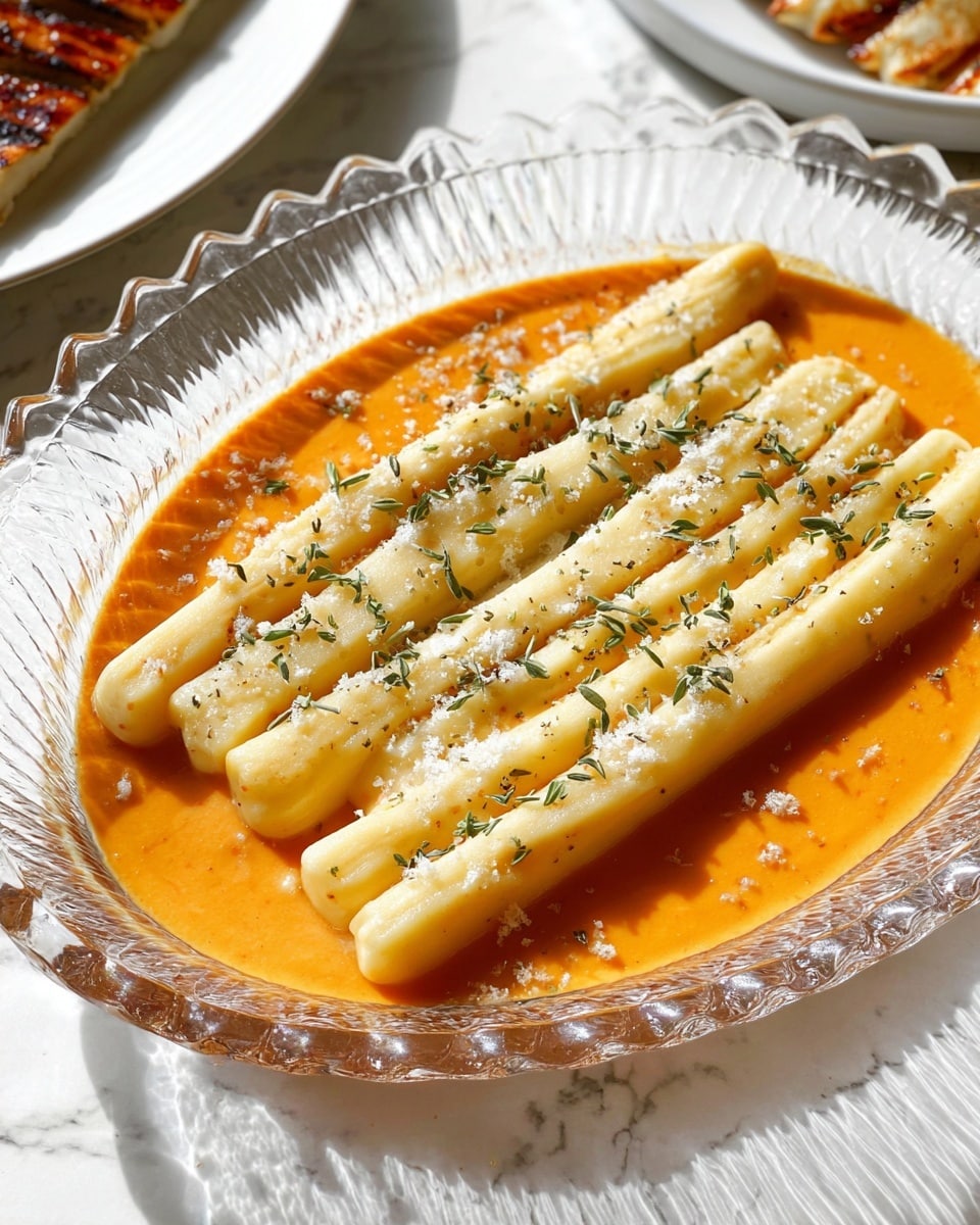 The image shows six long, creamy, pale yellow sticks arranged neatly in a clear textured glass dish with scalloped edges. Each stick has a slightly rough surface with small specks, and they are placed on a smooth, bright orange sauce that fills the bottom of the dish. On top of the sticks and sauce, there are small green herb sprinkles and coarse white salt flakes scattered evenly, adding texture and contrast. The dish is set against a white marbled surface with soft shadows, and in the background, there is a glimpse of another white dish holding a grilled item. Photo taken with an iphone --ar 4:5 --v 7