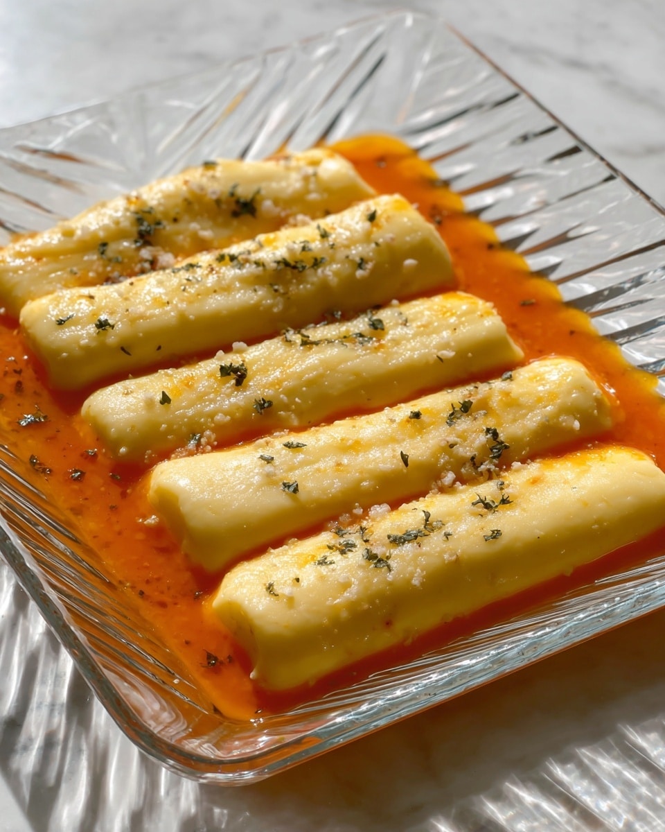 A clear glass dish shows five light yellow pieces of soft, round-edged cheese sticks laid out in a row, sitting in a shiny orange sauce. The cheese sticks have a smooth but slightly wrinkled surface and are sprinkled with small white salt flakes and tiny green herb bits. The edges of the glass dish reflect light and create a diamond-like pattern that stands out against the white marbled surface underneath. photo taken with an iphone --ar 4:5 --v 7