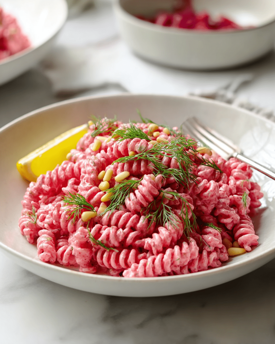 A white shallow bowl holds a mound of bright pink rotini pasta coated in creamy sauce, dotted with fresh green dill sprigs and small pine nuts on top. There is a yellow lemon wedge placed on the left side of the bowl. A silver fork rests inside the bowl behind the pasta. The bowl sits on a white marbled surface, with a blurred white bowl of red ingredients in the background. photo taken with an iphone --ar 4:5 --v 7