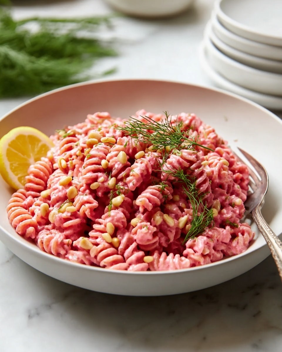 A white plate holds a pile of spiral pasta coated in a bright pink sauce, topped with small green herb pieces and light tan pine nuts, with a sprig of fresh dill visible on top and a silver fork resting on the side inside the plate; a small wedge of lemon is placed on the left edge of the plate. The background features a white marbled texture and some blurred white dishes and green leaves. photo taken with an iphone --ar 4:5 --v 7