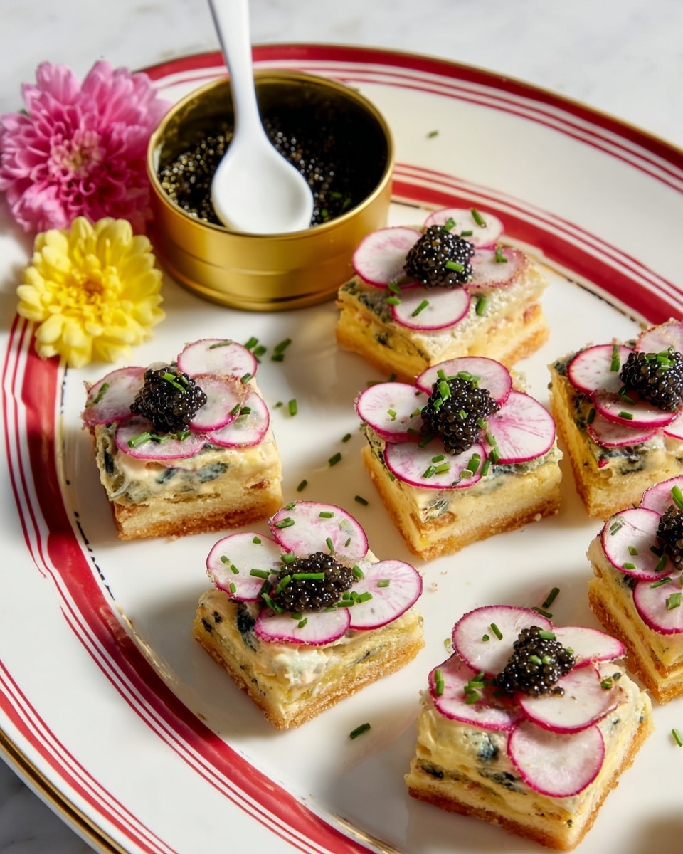 The image shows small square appetizers arranged on a large white plate with red stripes. Each appetizer has three layers: the bottom is a light golden brown base that looks crispy, the middle is a creamy pale yellow spread, and the top is covered with thinly sliced radishes in pink and white shades, sprinkled with small green chive pieces. Some appetizers have a small mound of shiny black caviar placed on top. On the plate, there is an open gold tin filled with black caviar and a white spoon resting beside it. A pink flower and a yellow flower are placed near the tin for decoration. The backdrop is a white marbled texture. Photo taken with an iphone --ar 4:5 --v 7