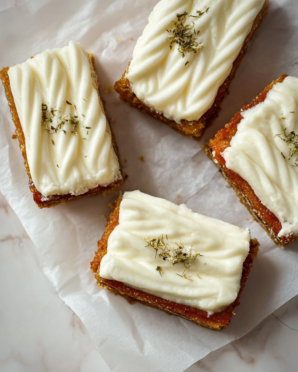 The image shows four rectangular pieces of food laid out on white parchment paper over a white marbled surface. Each piece has two main layers: the bottom layer is a golden brown, crispy-looking base. The top layer is thick, smooth white cream arranged in a wavy pattern, covering the entire surface of the base. On the cream layer, small greenish dried herb flakes are scattered lightly. The pieces are close to each other, arranged in a loose square shape. There is no plate visible. Photo taken with an iphone --ar 4:5 --v 7
