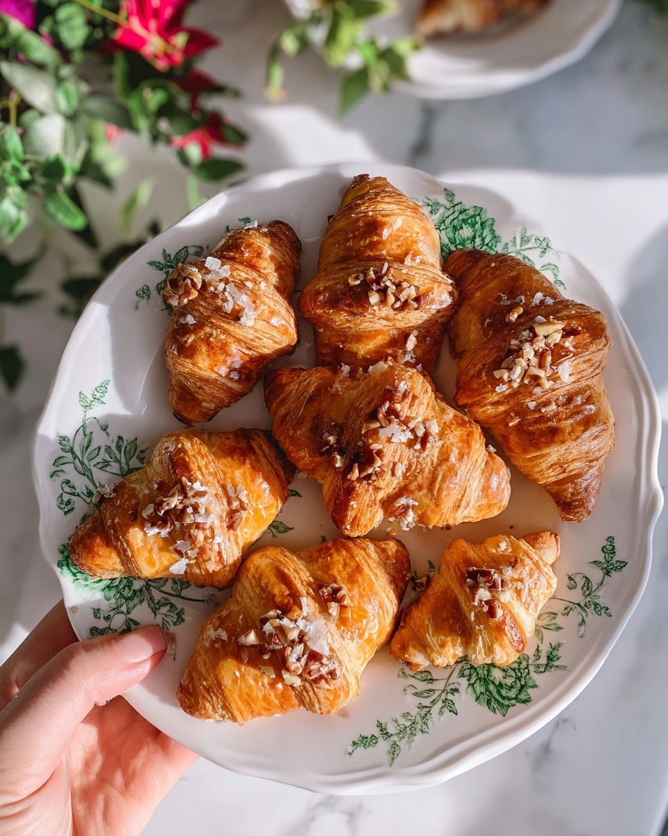 A white plate with green floral patterns holds seven golden brown croissants. Each croissant is topped with small pieces of chopped nuts and a shiny glaze, giving them a crunchy texture on top. The croissants are arranged closely, filling most of the plate. A woman's hand is holding the edge of the plate on each side, and there are some green leaves and red flowers blurred in the background on a white marbled surface. The lighting is bright, highlighting the flaky layers and glossy tops of the croissants. photo taken with an iphone --ar 4:5 --v 7