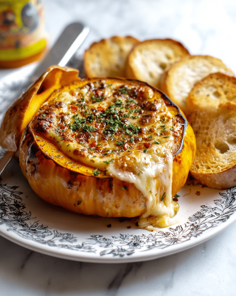 A round baked orange squash sits in the center of a white plate with a delicate black pattern around the edge, its top slightly lifted to one side showing melted golden cheese oozing over the edges. The cheese layer on top is browned and bubbly with an uneven surface speckled with green herbs and red pepper flakes. Surrounding the squash are several golden toasted slices of bread with a crispy texture. A silver knife lies on the plate next to the bread, and behind the plate is a blurred white marbled surface that adds a clean, bright background. Photo taken with an iphone --ar 4:5 --v 7