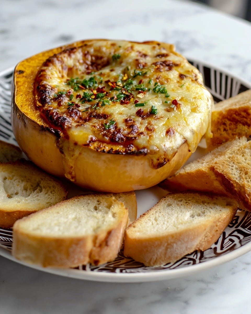 The dish shows a round, light brown roasted squash sliced open at the top, filled with a thick layer of melted, golden cheese with browned, crispy edges and sprinkled with small green herb pieces and red pepper flakes. On top and inside the cheese, there are smooth, creamy textures slightly bubbling. Around the squash, several slices of toasted light golden bread with a crunchy texture rest on a white plate with a black and brown patterned rim. The background is a white marbled texture. photo taken with an iphone --ar 4:5 --v 7