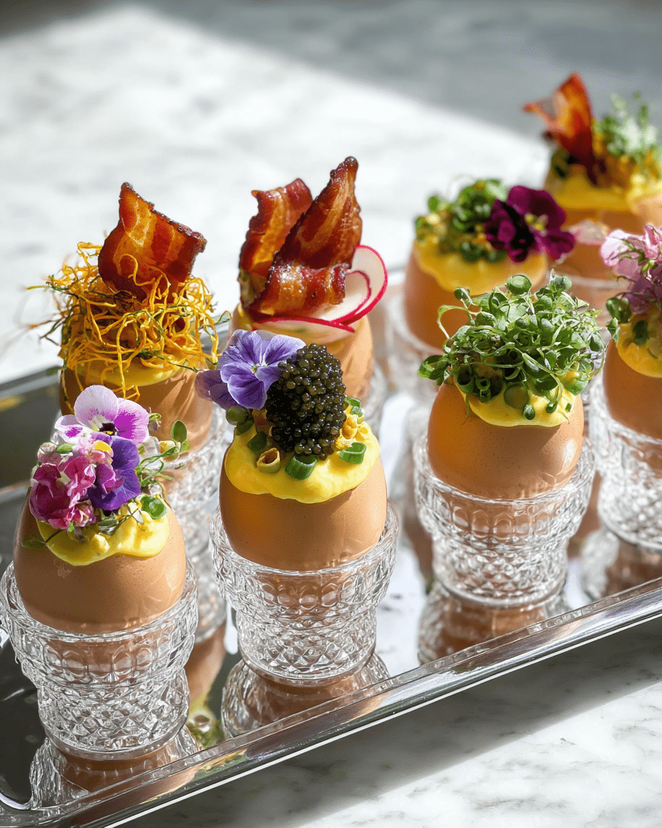 A row of six eggshells filled with a rich yellow creamy mixture sits inside clear, textured crystal egg cups arranged neatly on a shiny silver tray. Each eggshell serving is beautifully topped with unique garnishes: thin strips of crispy bacon standing upright in one, dark green caviar piled high on another with tiny chives beneath, and delicate edible flowers and fresh herbs decorating others. Some have thin curly golden fried strands adding texture, while a few are adorned with thinly sliced radishes layered like petals and a small round radish on top. The background shows a white marbled surface, bright natural light enhancing the colors and details. Photo taken with an iphone --ar 4:5 --v 7