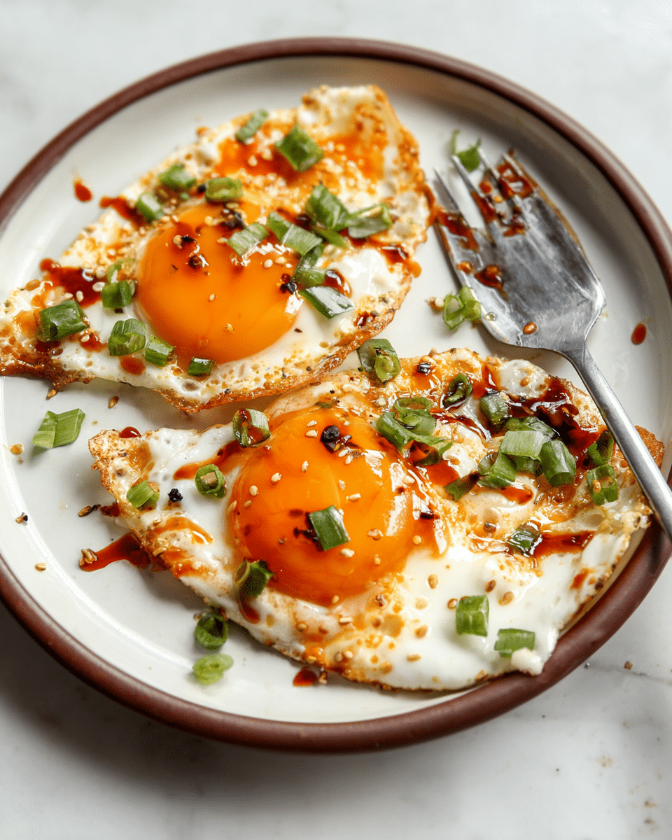 Two fried eggs with bright orange yolks and slightly crispy white edges sit on a white plate with a brown rim. The eggs are topped with chopped green onions scattered around and a dark reddish chili sauce drizzled over the yolks and whites. A silver fork rests on the plate near the top right side of the eggs. The plate is placed on a white marbled surface. photo taken with an iphone --ar 4:5 --v 7