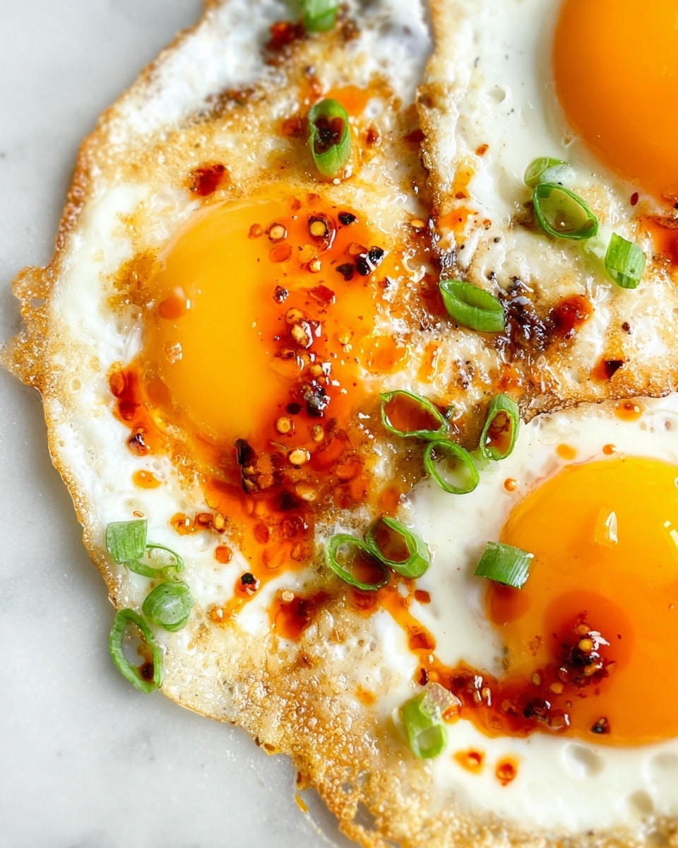 The image shows a close-up of two fried eggs cooked sunny side up on a white marbled surface. Each egg has a bright yellow, slightly runny yolk in the center with soft, white edges that are lightly crispy and golden brown around the rim. The eggs are topped with a drizzle of reddish-orange chili oil, which creates a glossy texture with some dark chili flakes. Scattered green onion slices add a fresh touch of bright green color on top of the eggs, contrasting with the warm tones of the yolk and oil. Photo taken with an iphone --ar 4:5 --v 7