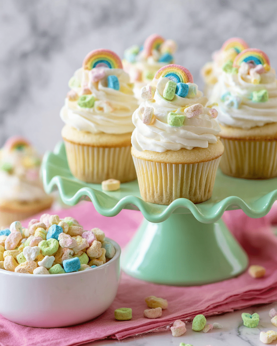 The image shows several vanilla cupcakes placed on a light green cake stand with a rounded base and wavy edges. Each cupcake has three layers: the bottom layer is a light golden vanilla cake with a soft texture, the middle layer is a creamy white frosting evenly spread on top, and the top layer is a swirl of thick white whipped cream piped into a tall peak. The middle frosting layer is covered with colorful marshmallow cereal pieces in blue, pink, yellow, and green, while a small rainbow-shaped marshmallow decorates the top of each whipped cream swirl. In the lower left corner, a white bowl filled with similar cereal pieces rests on a pink cloth with scattered cereal pieces around it, all set against a white marbled surface. photo taken with an iphone --ar 4:5 --v 7