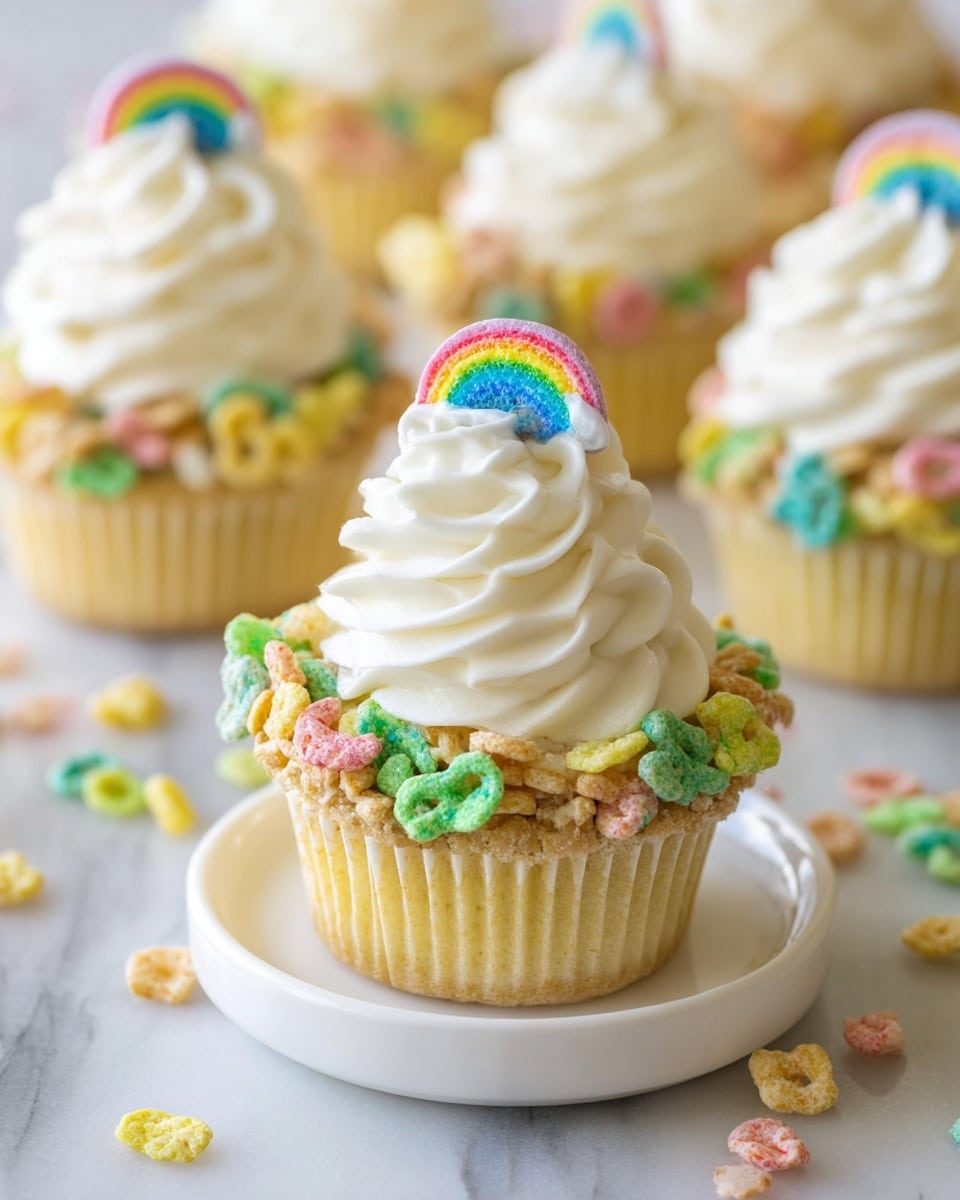 A yellow cupcake with a light, spongy texture stands on a white curved plate; it has a base layer covered in white frosting and is topped with colorful cereal pieces in green, blue, yellow, pink, and red around the edge. On top, there is a generous swirl of smooth white cream, crowned with a small rainbow-shaped candy featuring blue, yellow, and pink colors. Surrounding the main cupcake, more cupcakes with similar layers and decorations can be seen against a white marbled surface. photo taken with an iphone --ar 4:5 --v 7