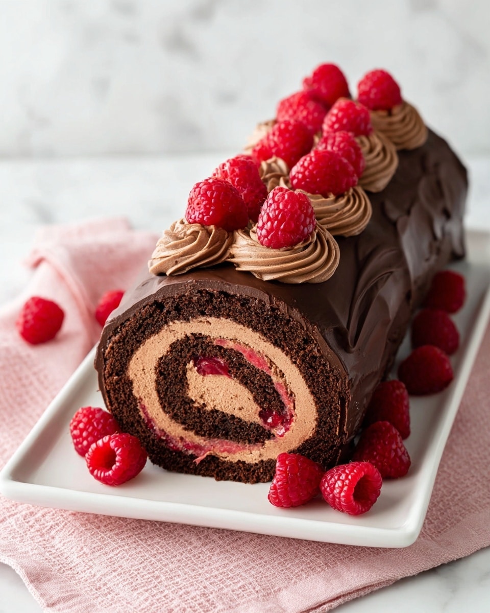 A rolled chocolate cake on a white rectangular plate, showing three layers in a spiral: a dark brown chocolate sponge cake outer layer, a light brown creamy chocolate mousse middle layer, and a thin red raspberry jam layer in between. The cake is covered in a glossy dark chocolate ganache on the outside. On top, there are swirls of light brown chocolate cream with bright red raspberries placed on each swirl. Some raspberries are scattered around the plate. The plate is placed on a soft pink cloth over a white marbled textured surface. Photo taken with an iphone --ar 4:5 --v 7