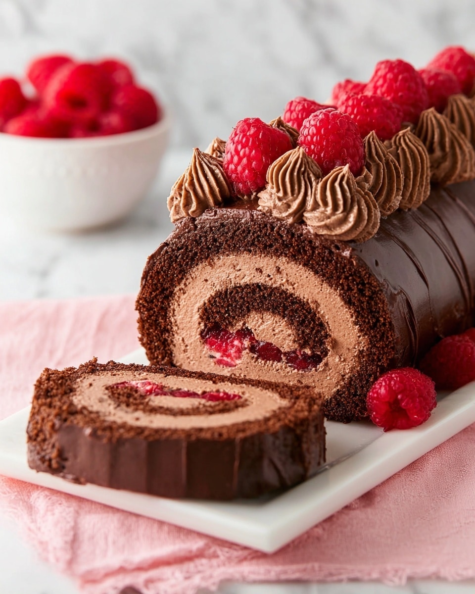 A chocolate roll cake sliced to show four layers: a dark brown chocolate sponge cake outer layer, a thick swirled light brown chocolate mousse layer inner swirl, a thin bright red raspberry jam layer between the sponge and mousse, and a smooth dark chocolate ganache coating the outside of the cake. The top is decorated with swirls of light brown chocolate mousse topped with fresh red raspberries. The cake rests on a white rectangular plate placed on a pink cloth with a white marbled background. A blurred white bowl filled with red raspberries appears in the background. photo taken with an iphone --ar 4:5 --v 7