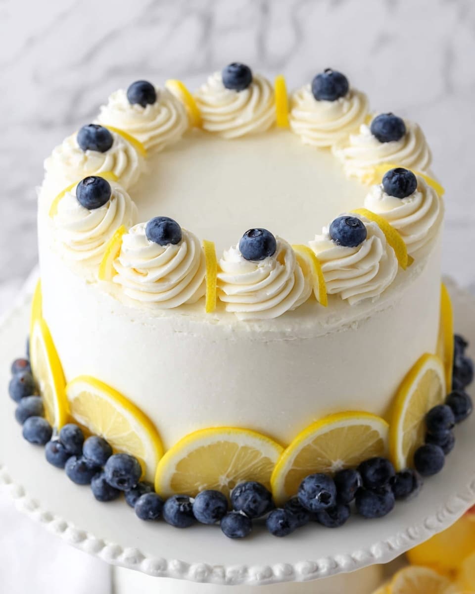 A smooth, white frosted cake with three visible layers, each separated by thin even white cream filling. The top surface is flat and swirled with white frosting. Around the edge of the top, there are evenly spaced white cream swirls, each topped with a few round dark blue blueberries and a thin bright yellow lemon wedge. At the base of the cake, there is a ring of whole blueberries and lemon slices placed closely together. The cake sits on a white plate with a ruffled edge, against a white marbled surface. photo taken with an iphone --ar 4:5 --v 7