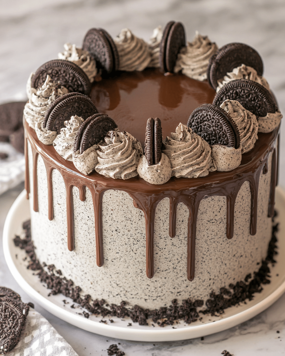A round, layered cake covered in light gray cookies and cream frosting with tiny dark cookie crumbs mixed in, topped with a smooth, shiny chocolate glaze dripping down the sides in uneven streams. Around the edge of the top, alternating swirls of matching cookies and cream frosting and whole sandwich cookies stand upright, creating a decorative border. The top center is a smooth circle of chocolate without decoration. The cake sits on a white plate surrounded by cookie crumbs and a few cookie pieces, all placed on a white marbled surface. photo taken with an iphone --ar 4:5 --v 7