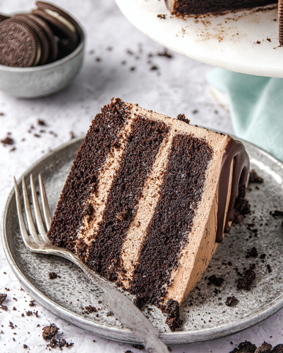 A slice of three-layer chocolate cake sits on a white plate with a rough metallic texture, each dark brown cake layer filled with a light brown creamy frosting mixed with small cookie pieces. The top layer is covered with a smooth light brown frosting, and a thin drizzle of dark chocolate glaze runs along one side. The cake looks moist and soft with fine crumb texture. A silver fork rests beside the slice, and there is a bowl of chocolate sandwich cookies and some cookie crumbs scattered around on a white marbled surface. photo taken with an iphone --ar 4:5 --v 7