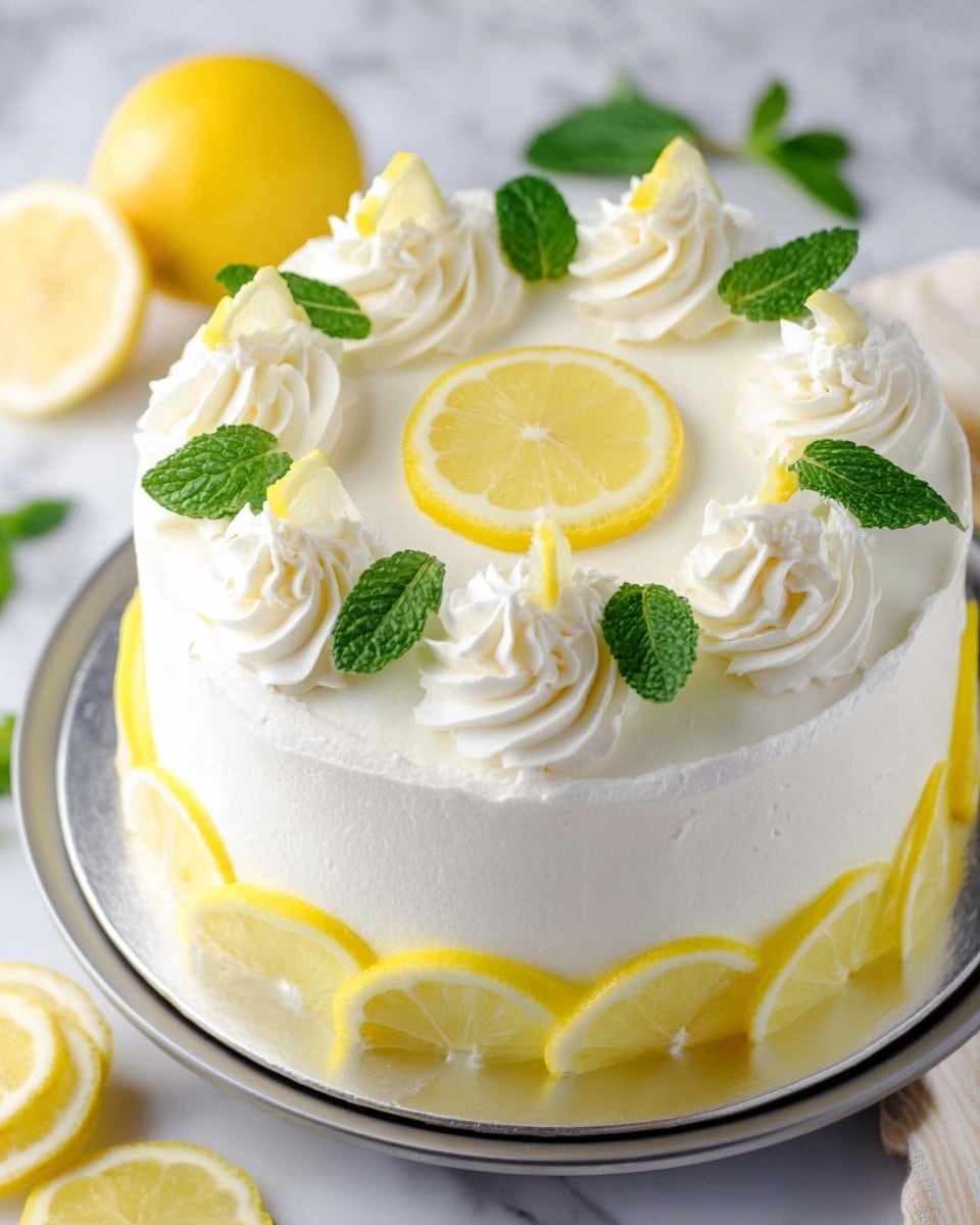The image shows a round, two-layer white cake covered in smooth white frosting. Around the base of the cake, thin lemon slices are evenly placed, forming a bright yellow border. On top, there are six swirls of white whipped cream arranged in a circle, each topped with a curved lemon slice and a fresh green mint leaf. In the center of the cake, a full round lemon slice sits flat, acting as the main decoration. The cake is placed on a metal tray that rests on a white marbled surface, with some extra lemon wedges and mint leaves scattered around it. Photo taken with an iphone --ar 4:5 --v 7