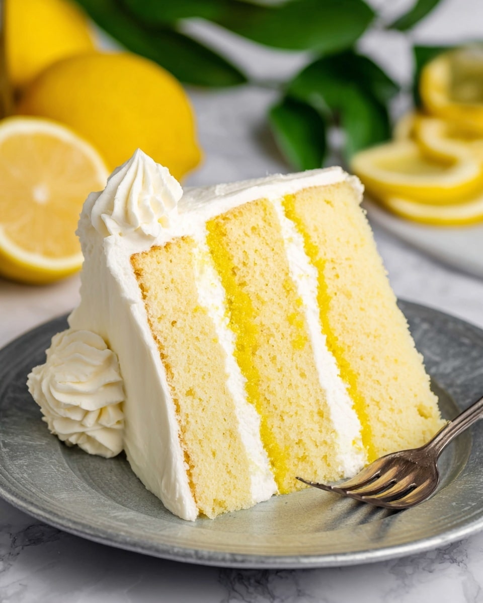 A slice of three-layer lemon cake sits on a white plate with a gray metal texture. The cake has a soft, light yellow sponge on each layer, separated by two layers of bright yellow lemon filling and white creamy frosting. The top and sides of the cake are covered in smooth white frosting. There is a white frosting swirl on the side of the slice, with a silver fork placed next to it. In the background, lemon halves and slices rest on a white marbled surface with green leaves adding color. photo taken with an iphone --ar 4:5 --v 7