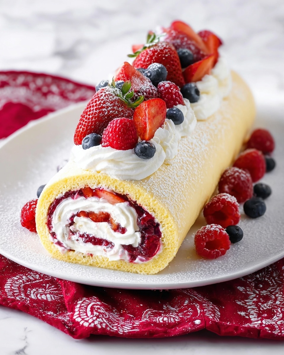 A rolled cake with a soft, light yellow sponge forms the base layer, tightly wrapped with a middle layer of bright red berry jam mixed with white cream, creating a swirled effect inside. The top has a thick layer of white whipped cream, decorated with whole and halved red strawberries, plump blue blueberries, and round red raspberries placed evenly along the cake’s length. The cake is dusted lightly with powdered sugar, sitting on a white plate that rests on a red cloth with intricate patterns, all set on a white marbled surface. Photo taken with an iphone --ar 4:5 --v 7
